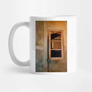 Wooden window on yellow brown grained plastered wall. Mug